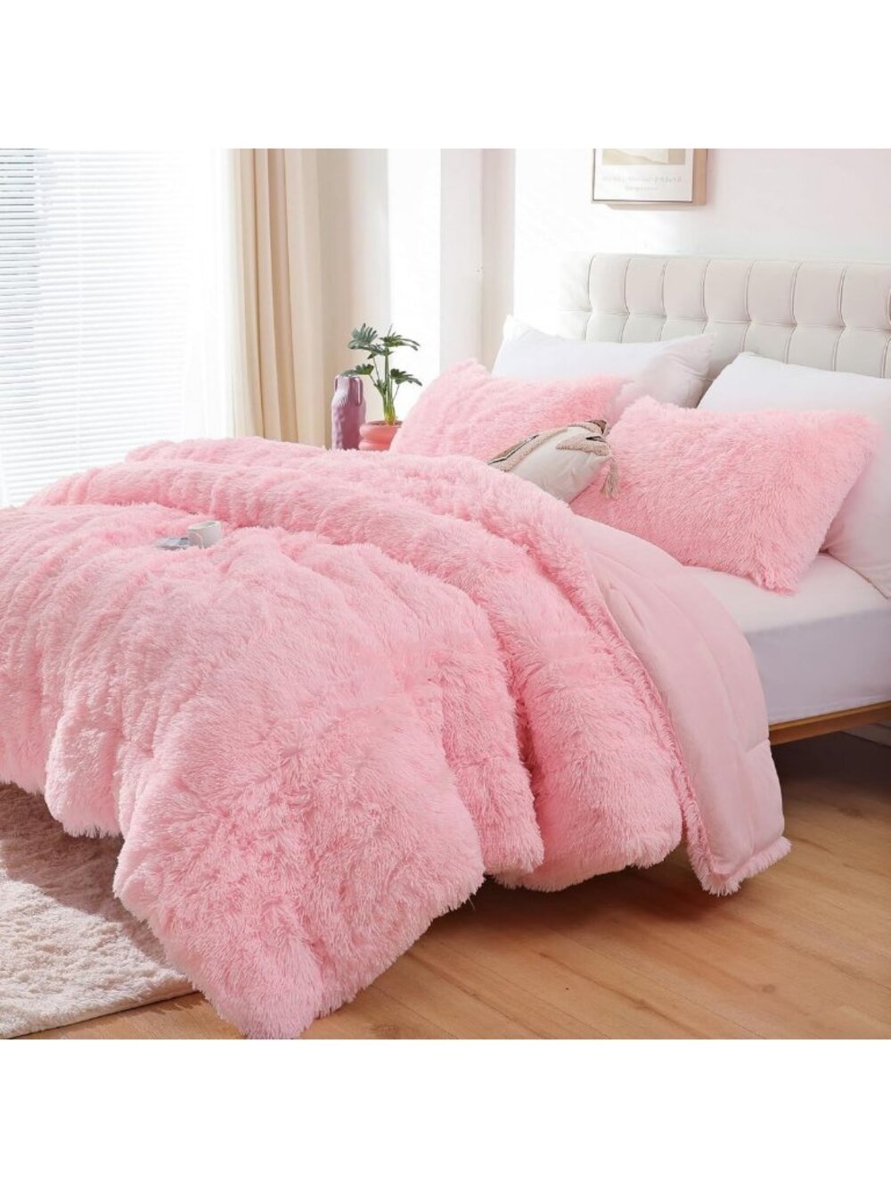 Cozy Pink Faux Fur King Size Comforter Set - 3 Piece Fluffy Bedding Ensemble